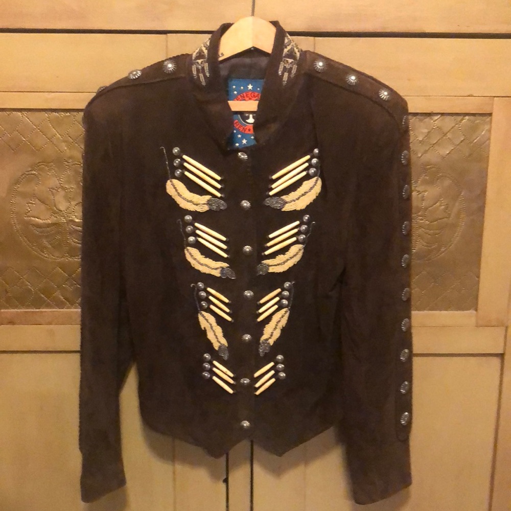 REN ELLIS Renegade Brown Suede Leather Beaded  Jacket Southwest Western Size 10